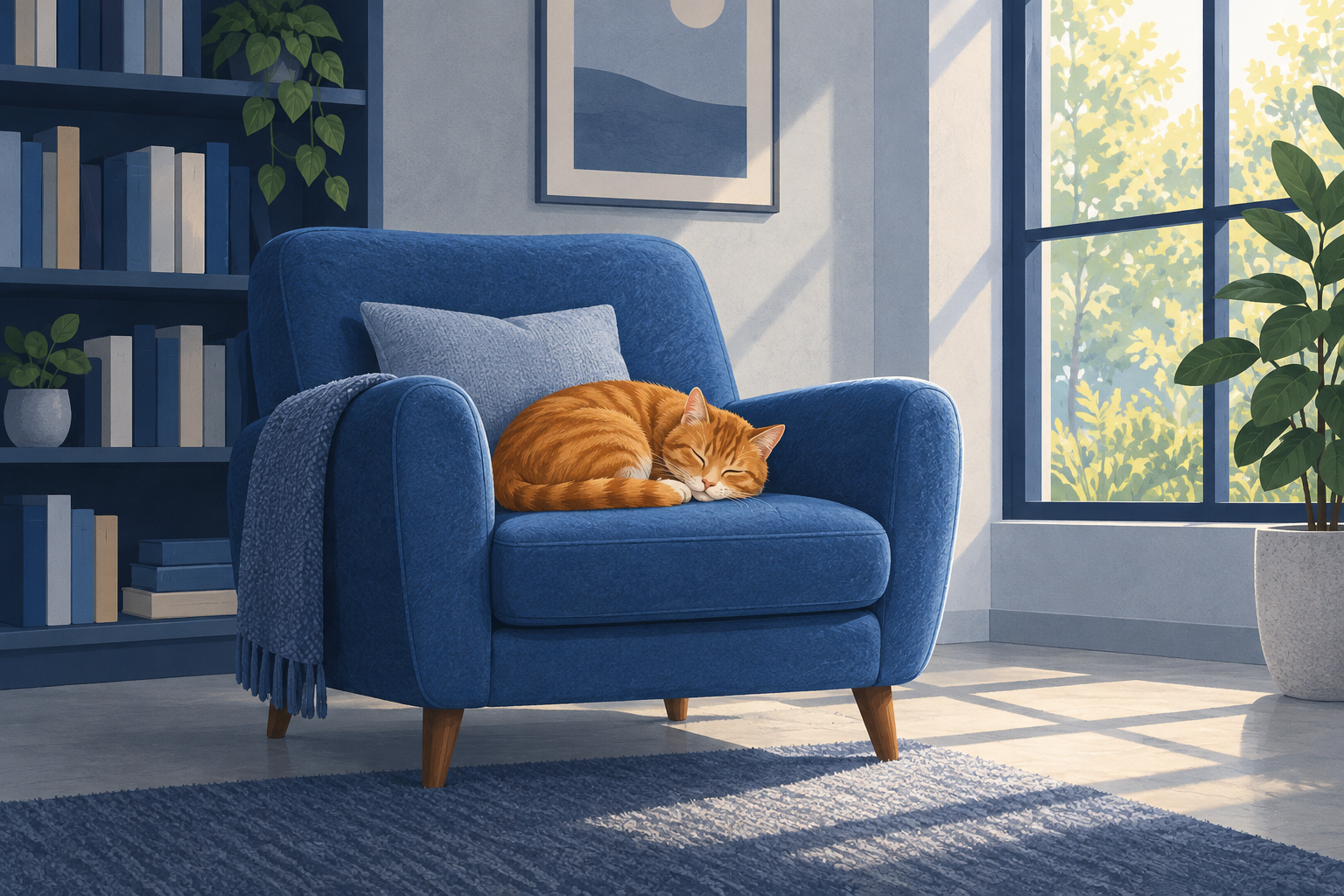 A ginger cat asleep on a blue chair in a separate reading lounge.